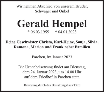 Traueranzeige von Gerald Hempel  von Magdeburger Volksstimme