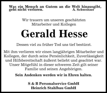 Traueranzeige von Gerald Hesse  von Magdeburger Volksstimme
