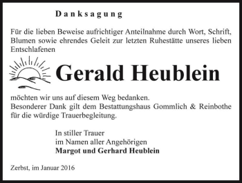Traueranzeige von Gerald Heublein  von Magdeburger Volksstimme