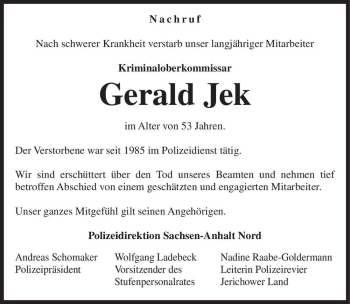Traueranzeige von Gerald Jek  von Magdeburger Volksstimme