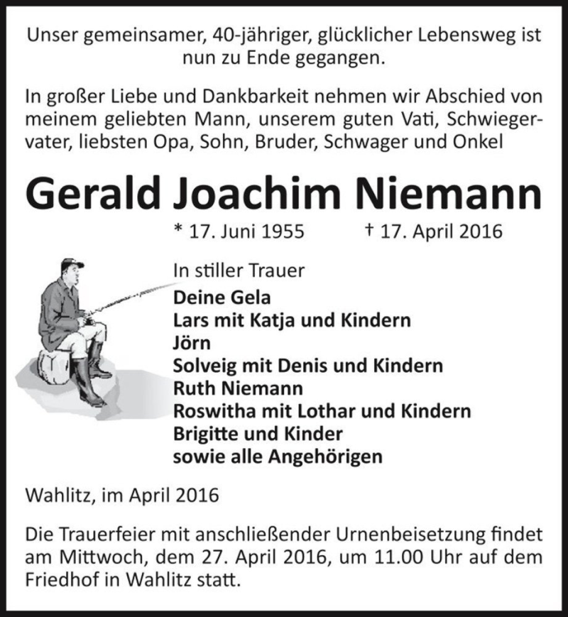  Traueranzeige für Gerald Joachim Niemann  vom 21.04.2016 aus Magdeburger Volksstimme