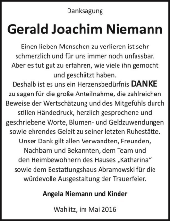 Traueranzeige von Gerald Joachim Niemann  von Magdeburger Volksstimme