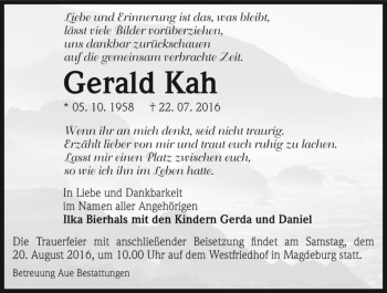 Traueranzeige von Gerald Kah  von Magdeburger Volksstimme