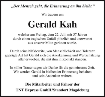 Traueranzeige von Gerald Kah  von Magdeburger Volksstimme