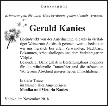 Traueranzeige von Gerald Kanies  von Magdeburger Volksstimme