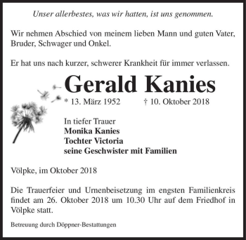 Traueranzeige von Gerald Kanies  von Magdeburger Volksstimme