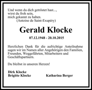 Traueranzeige von Gerald Klocke  von Magdeburger Volksstimme