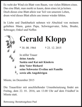 Traueranzeige von Gerald Klopp  von Magdeburger Volksstimme