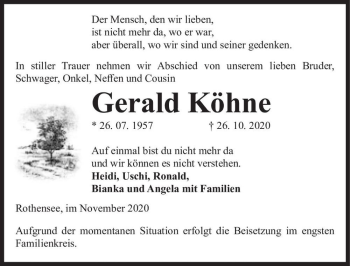 Traueranzeige von Gerald Köhne  von Magdeburger Volksstimme