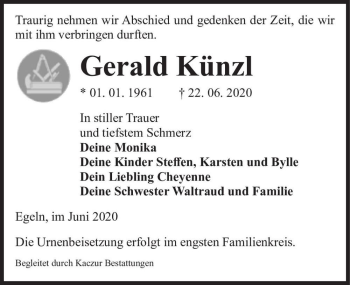 Traueranzeige von Gerald Künzl  von Magdeburger Volksstimme