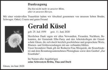 Traueranzeige von Gerald Küsel  von Magdeburger Volksstimme
