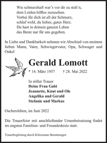 Traueranzeige von Gerald Lomott  von Magdeburger Volksstimme