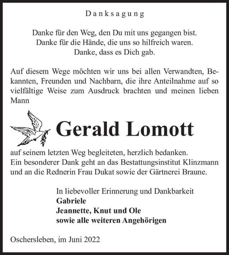  Traueranzeige für Gerald Lomott  vom 25.06.2022 aus Magdeburger Volksstimme