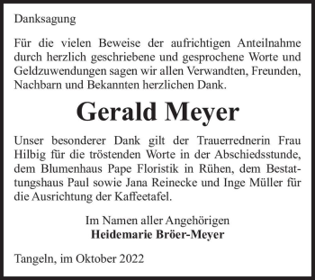 Traueranzeige von Gerald Meyer  von Magdeburger Volksstimme