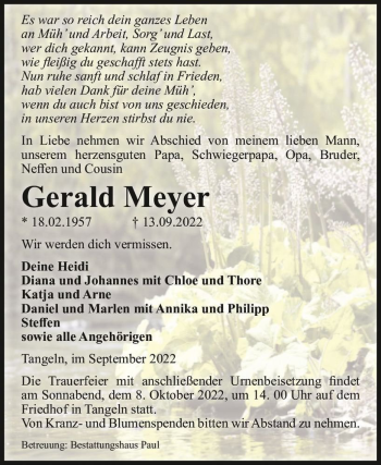Traueranzeige von Gerald Meyer  von Magdeburger Volksstimme