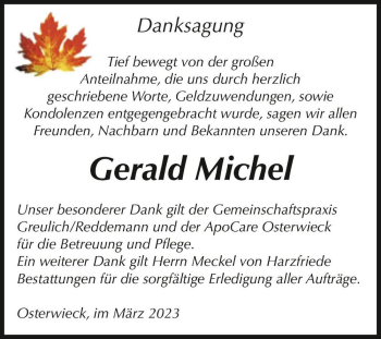 Traueranzeige von Gerald Michel  von Magdeburger Volksstimme