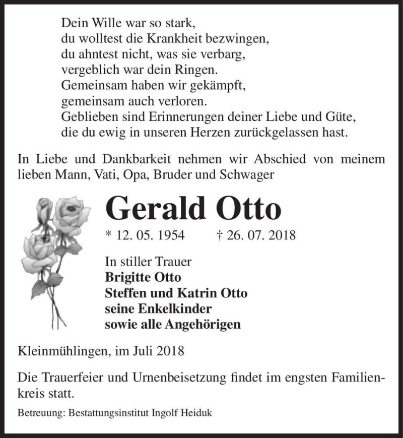  Traueranzeige für Gerald Otto  vom 28.07.2018 aus Magdeburger Volksstimme