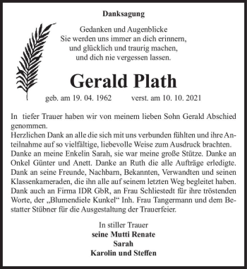 Traueranzeige von Gerald Plath  von Magdeburger Volksstimme