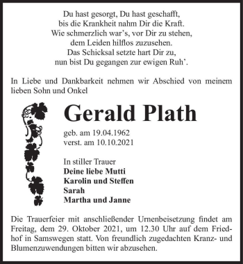 Traueranzeige von Gerald Plath  von Magdeburger Volksstimme