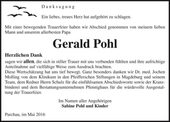 Traueranzeige von Gerald Pohl  von Magdeburger Volksstimme