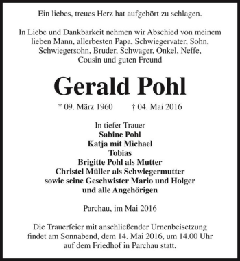 Traueranzeige von Gerald Pohl  von Magdeburger Volksstimme