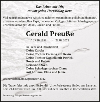 Traueranzeige von Gerald Preuße  von Magdeburger Volksstimme