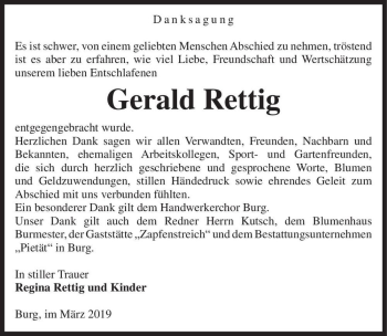 Traueranzeige von Gerald Rettig  von Magdeburger Volksstimme