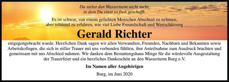  Traueranzeige für Gerald Richter  vom 04.07.2020 aus Magdeburger Volksstimme