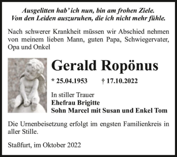 Traueranzeige von Gerald Ropönus  von Magdeburger Volksstimme