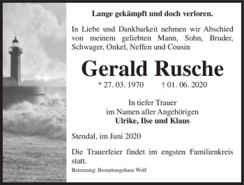 Traueranzeige von Gerald Rusche  von Magdeburger Volksstimme
