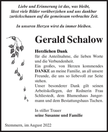 Traueranzeige von Gerald Schalow  von Magdeburger Volksstimme
