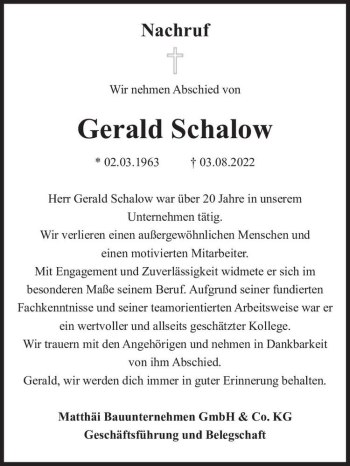 Traueranzeige von Gerald Schalow  von Magdeburger Volksstimme