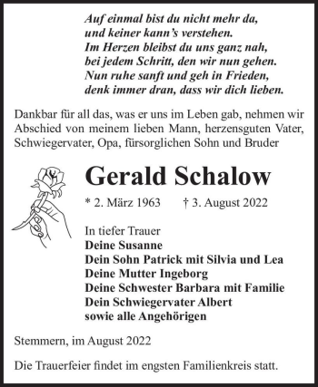 Traueranzeige von Gerald Schalow  von Magdeburger Volksstimme