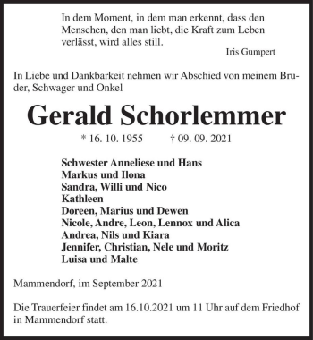 Traueranzeige von Gerald Schorlemmer  von Magdeburger Volksstimme
