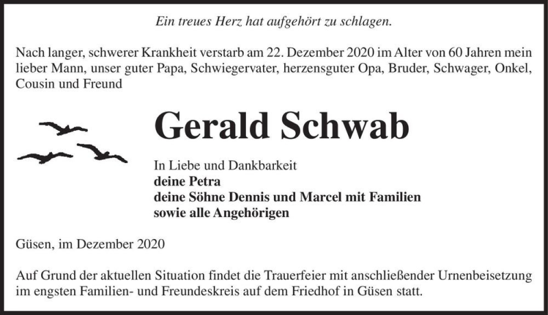  Traueranzeige für Gerald Schwab  vom 02.01.2021 aus Magdeburger Volksstimme