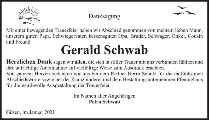  Traueranzeige für Gerald Schwab  vom 16.01.2021 aus Magdeburger Volksstimme