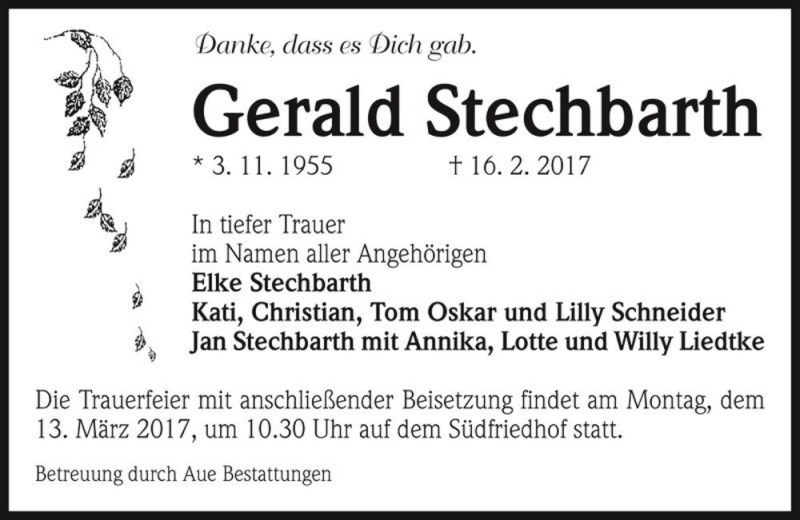  Traueranzeige für Gerald Stechbarth  vom 04.03.2017 aus Magdeburger Volksstimme