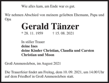 Traueranzeige von Gerald Tänzer  von Magdeburger Volksstimme