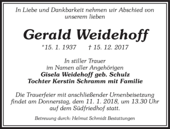 Traueranzeige von Gerald Weidehoff  von Magdeburger Volksstimme