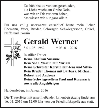 Traueranzeige von Gerald Werner  von Magdeburger Volksstimme