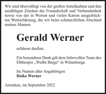 Traueranzeige von Gerald Werner  von Magdeburger Volksstimme