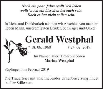 Traueranzeige von Gerald Westphal  von Magdeburger Volksstimme