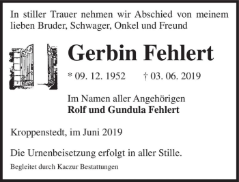 Traueranzeige von Gerbin Fehlert  von Magdeburger Volksstimme