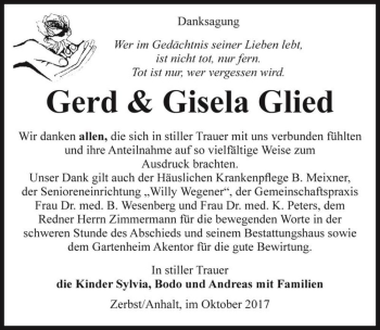 Traueranzeige von Gerd & Gisela Glied  von Magdeburger Volksstimme