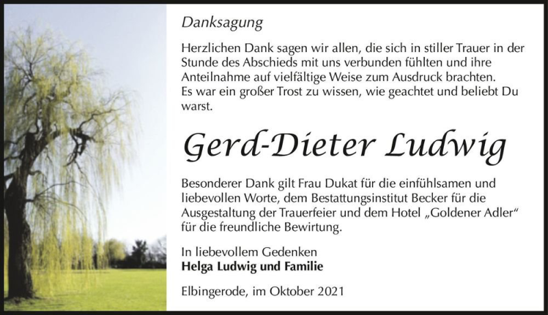  Traueranzeige für Gerd-Dieter Ludwig  vom 23.10.2021 aus Magdeburger Volksstimme