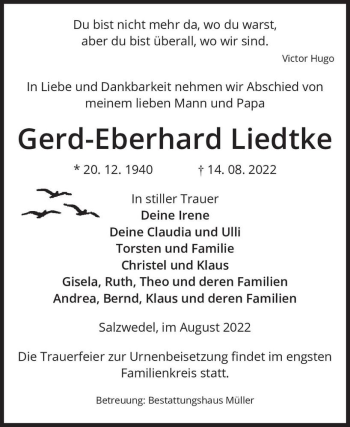 Traueranzeige von Gerd-Eberhard Liedtke  von Magdeburger Volksstimme