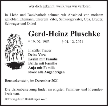Traueranzeige von Gerd-Heinz Pluschke  von Magdeburger Volksstimme