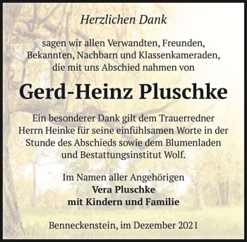 Traueranzeige von Gerd-Heinz Pluschke  von Magdeburger Volksstimme