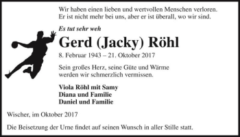 Traueranzeige von Gerd (Jacky) Röhl  von Magdeburger Volksstimme