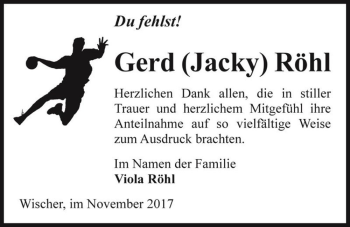 Traueranzeige von Gerd (Jacky) Röhl  von Magdeburger Volksstimme